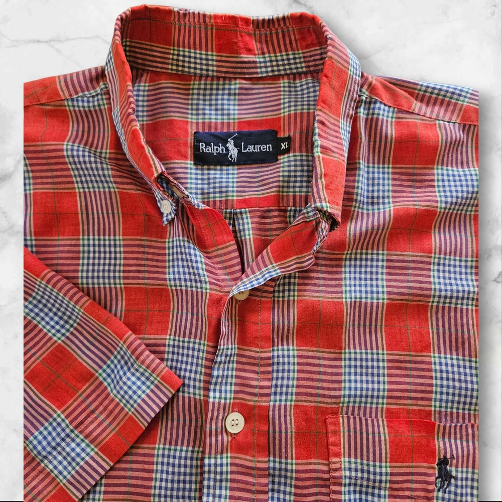 Ralph Lauren XL Short Sleeve Plaid Shirt Red Blue Check Men Cotton Casual Preppy